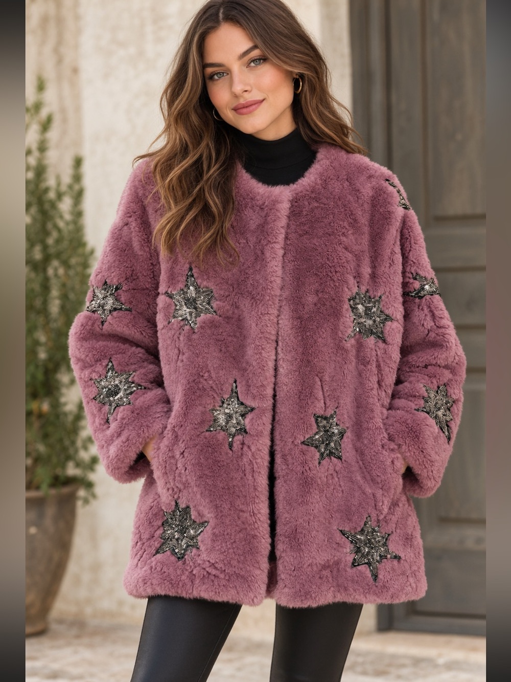 Free People Starry Skies Plush Mauve Faux-Fur Star Embroidered Jacket